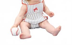 NEW ANGEL DEAR baseball stripe ric rac ruffle sunsuit in blue